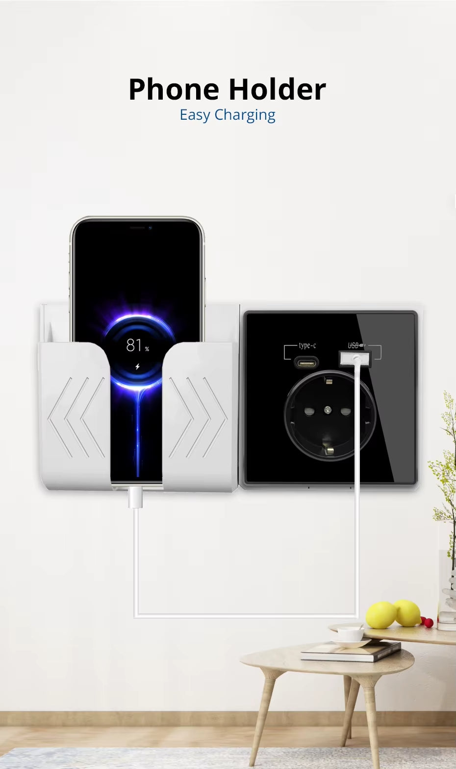 Enchufe de interfaz tipo C , Panel de cristal de espejo acrílico, pared negra, con carga USB, soporte de 5V 2100mA