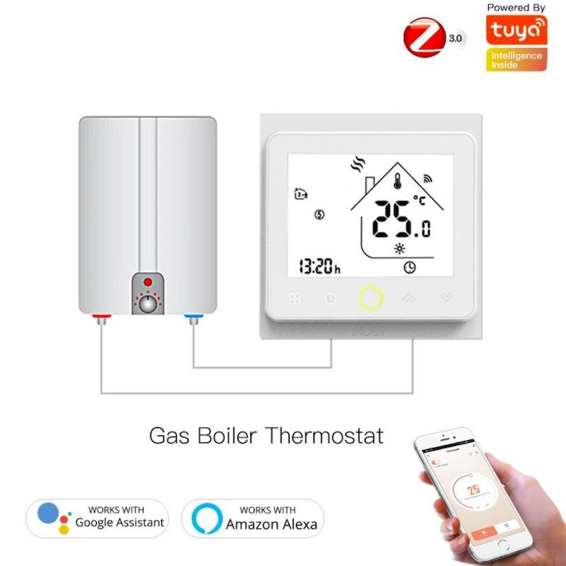 MOES - Termostato inteligente Zigbee blanco para caldera AGUA/GAS 3A