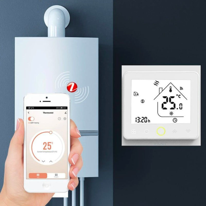 MOES - Termostato inteligente Zigbee blanco para caldera AGUA/GAS 3A