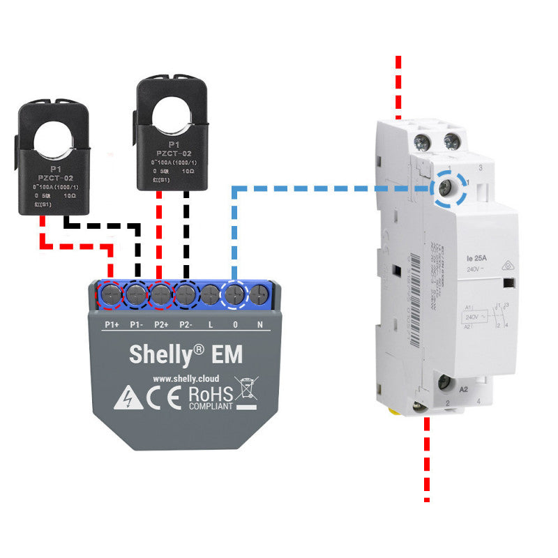 SHELLY - Comptador d'energia Shelly EM Wi-Fi monofàsic amb dues pinces amperimètriques de 50A