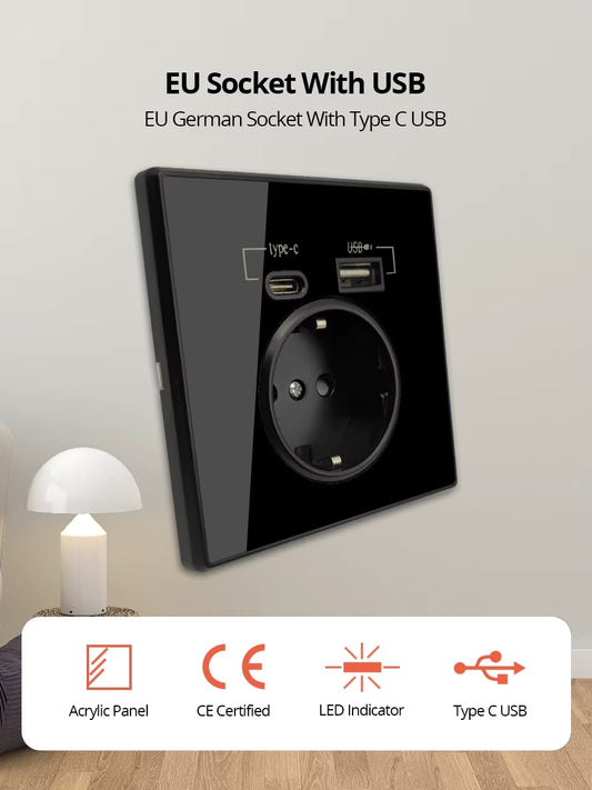 Enchufe de interfaz tipo C , Panel de cristal de espejo acrílico, pared negra, con carga USB, soporte de 5V 2100mA