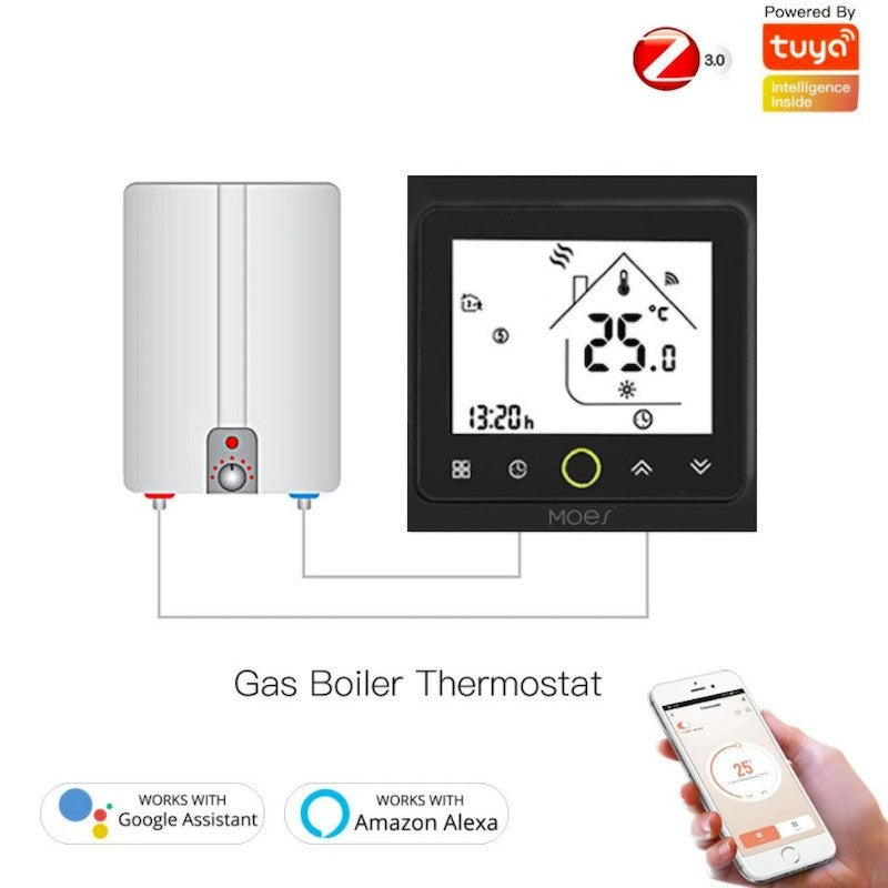 MOES - Termostato inteligente Zigbee negro para caldera AGUA/GAS 3A