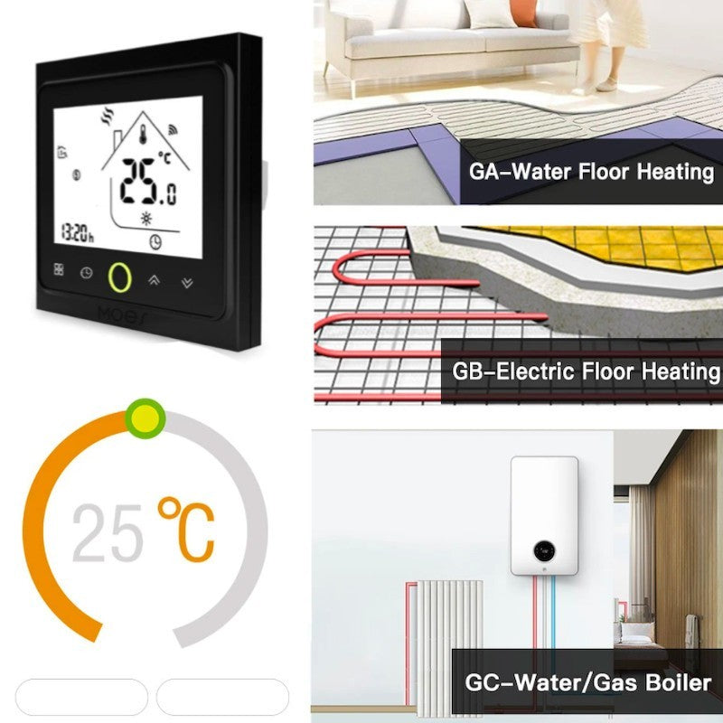 MOES - Termostato inteligente Zigbee negro para caldera AGUA/GAS 3A