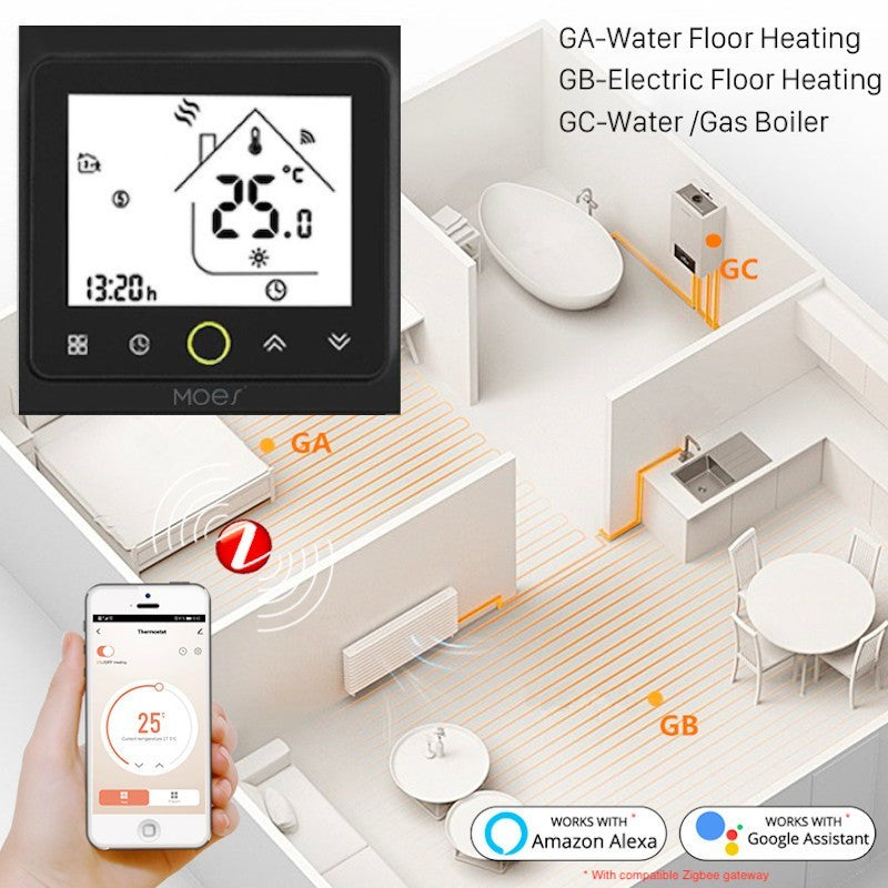 MOES - Termòstat intel·ligent Zigbee negre per a caldera AIGUA/GAS 3A 