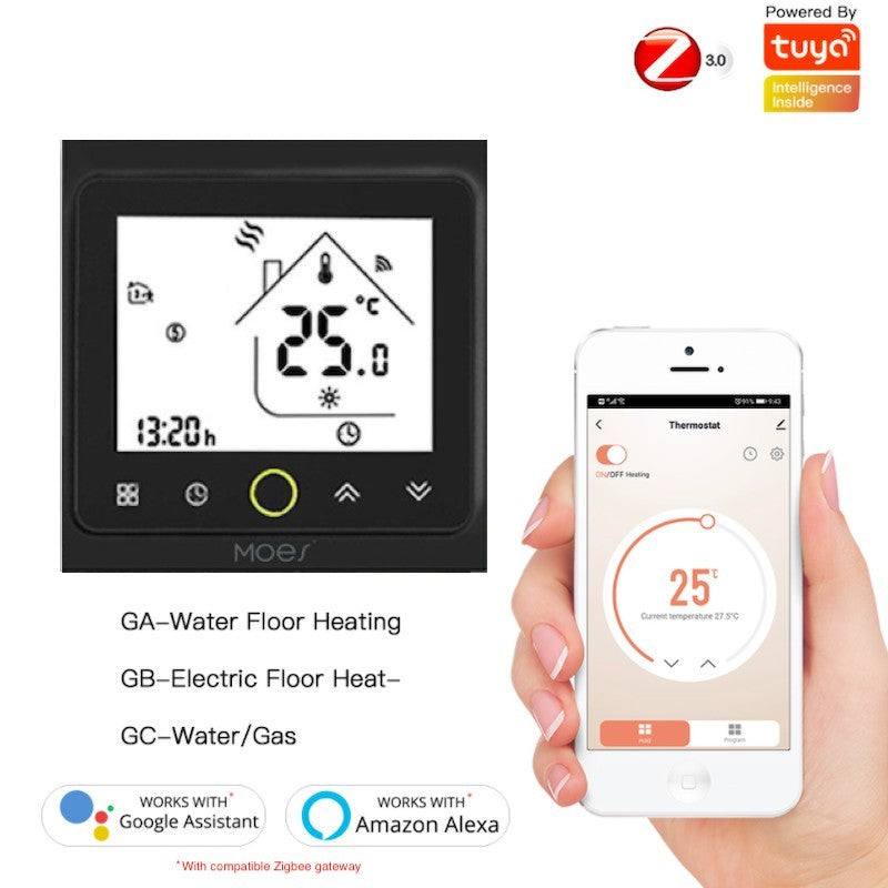 MOES - Termostato inteligente Zigbee negro para caldera AGUA/GAS 3A