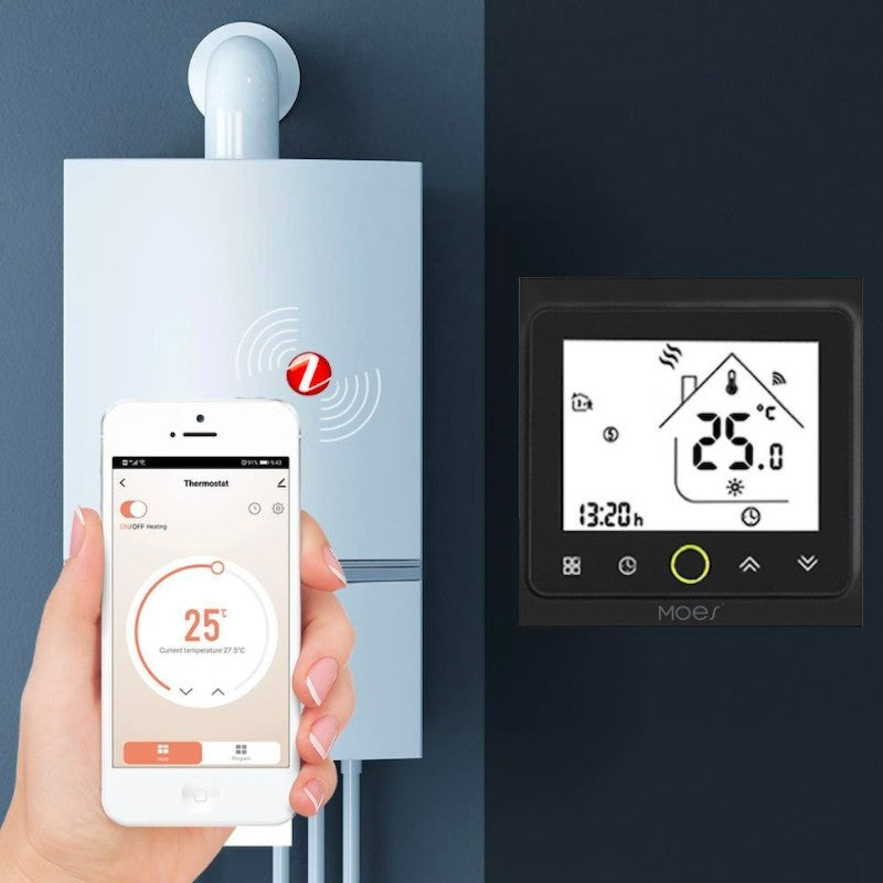 MOES - Termostato inteligente Zigbee negro para caldera AGUA/GAS 3A