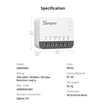 SONOFF - Módulo de interruptor Zigbee 10A ZBMINIR2